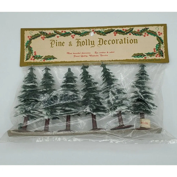 Vintage 6 Plastic Snow Cap Trees Deco by  Pine & Holly Decoration NIP Hong Kong - Picture 1 of 7